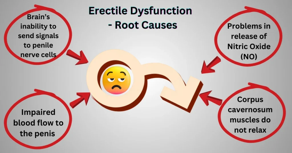 A bent male symbol indicating impotence and Root Causes of Erectile Dysfunction (ED)