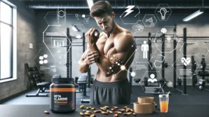 A man at the gym is feeling an itch, with a look of mild discomfort, possibly due to pre-workout containing Beta-Alanine. Supplement icons.