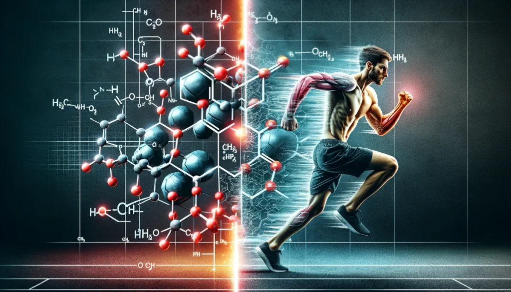 A molecular structure of β Alanine with labelled atoms and bonds to signify its chemical composition along with an athlete in mid-workout. Beta alanine itch.