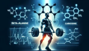 Image visually represent strength and endurance with a muscular man lifting weights. Include molecular structures of Beta-Alanine and carnosine to highlight the aspects of Beta Alanine benefits