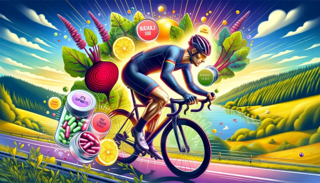 a cyclist in mid-ride. The image includes visual elements representing supplements