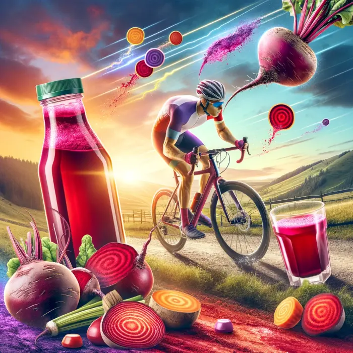 Colorful image featuring a cyclist in action, with visual elements highlighting beetroot juice cycling supplements. Include a bottle and glass of beetroot juice and beetroots, integrated into the cycling scene. The background depicts a scenic cycling route, conveying the essence of endurance and performance.