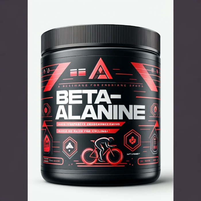 Image of cycling supplement jar labeled 'Beta-Alanine' designed for cyclists. The jar is having a sleek, modern design with a color scheme including shades of red and black that appeals to athletes. The label is prominently featuring the words 'Beta-Alanine' and have images or icons suggestive of cycling, such as a bicycle or a cyclist silhouette. The overall look of the tub conveys a sense of energy and performance enhancement, suitable for endurance sports like cycling.